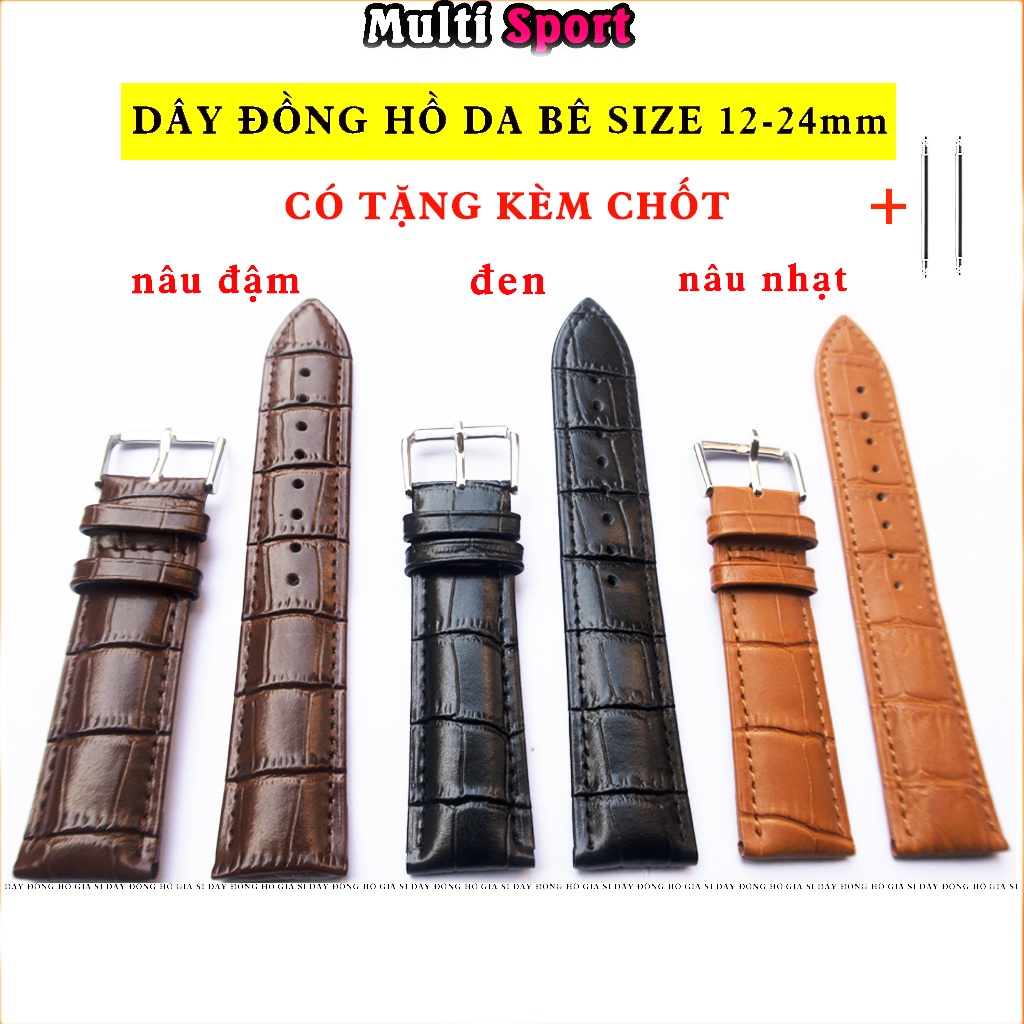 Dây da đồng hồ da bò nam nữ đủ size màu 12-24mm