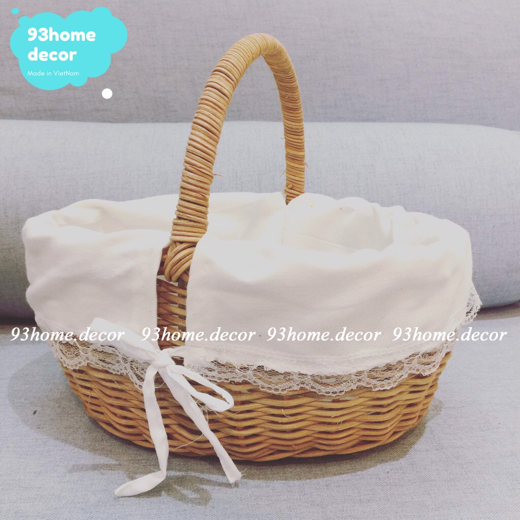 Giỏ mây picnic có lót trắng, giỏ mây đựng đồ đa năng, giỏ mây decor, phụ kiện chụp ảnh trang trí