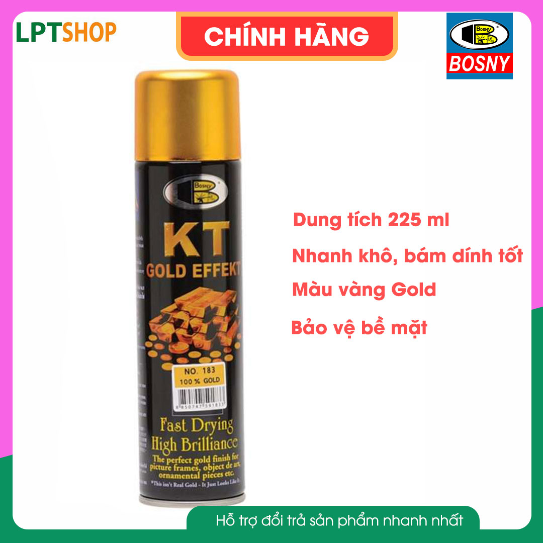 Sơn xịt mạ Bosny KT183, màu vàng GOLD, màu vàng 24k, dung tích 225ml