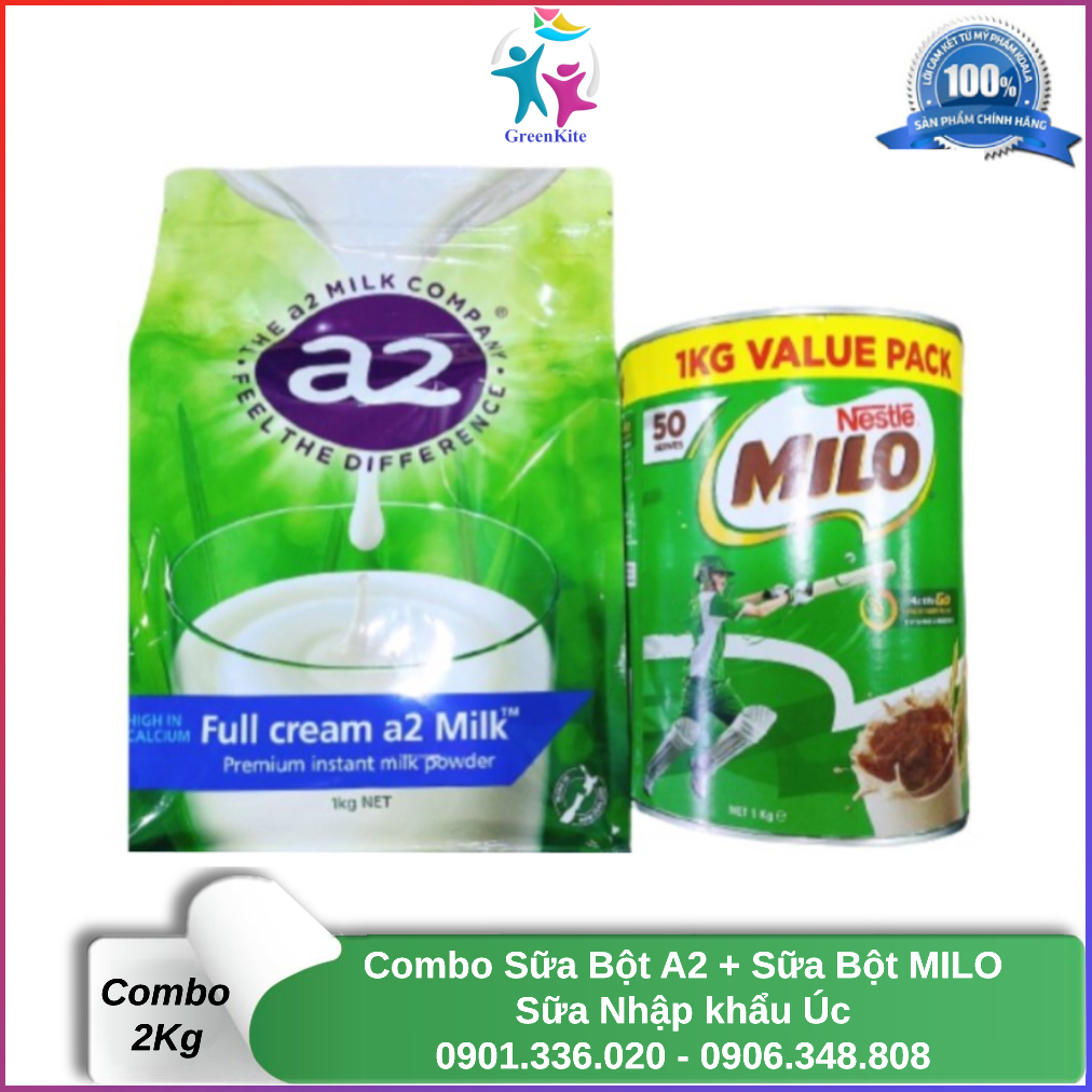 Sữa bột a2 nguyên kem 1kg + sữa bột milo 1kg