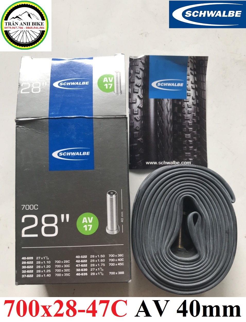 Săm ruột xe đạp cao cấp Schwalbe 700x28-47c 40mm van xe máy