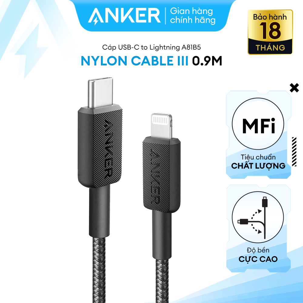 Cáp sạc nylon anker 322 usb-c to lightning 0.9m - a81b5