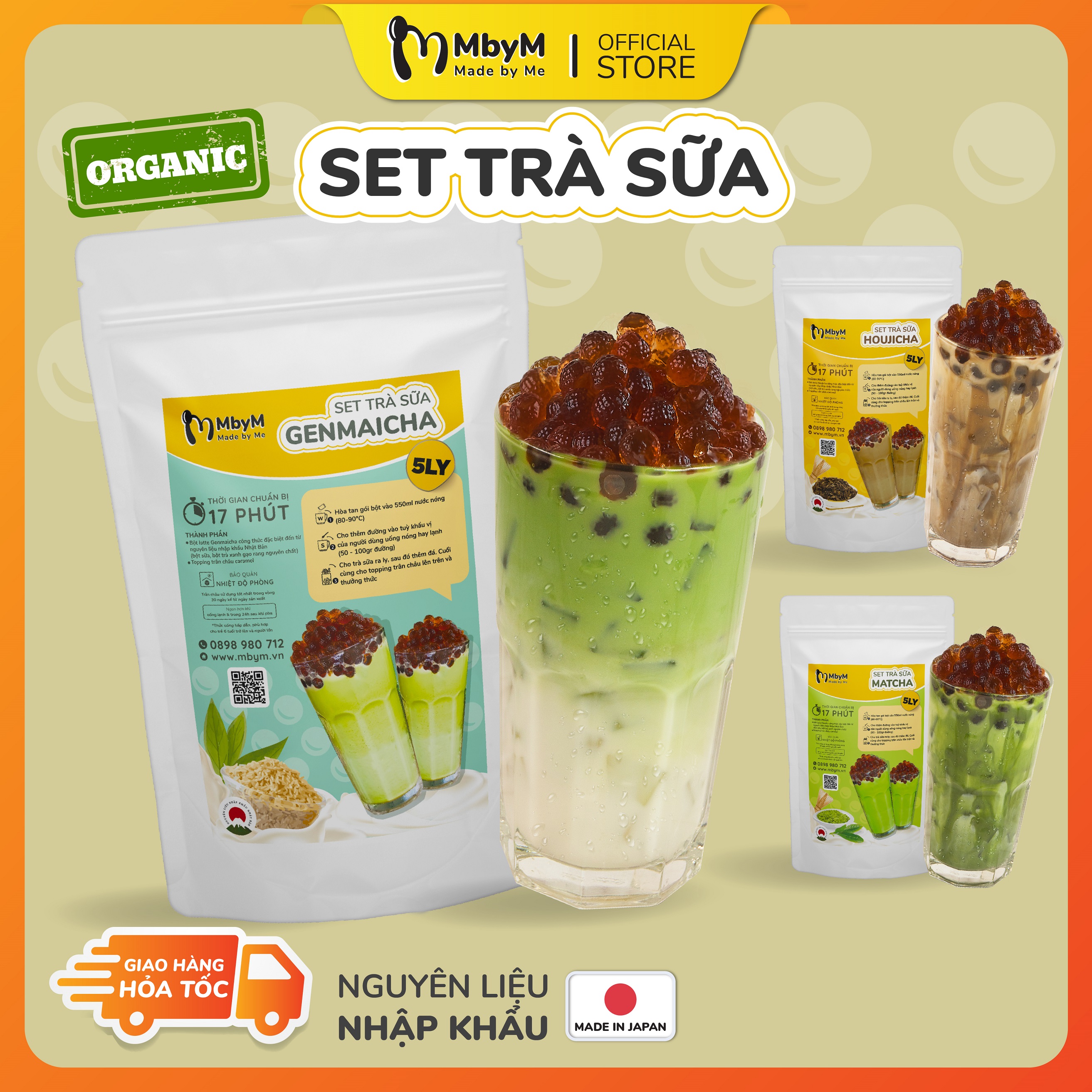 Trà sữa set 5 ly trà xanh Nhật Bản tự pha tại nhà 17 phút, nguyên liệu nhập khẩu, MbyM set tự làm an toàn ngon hơn quán