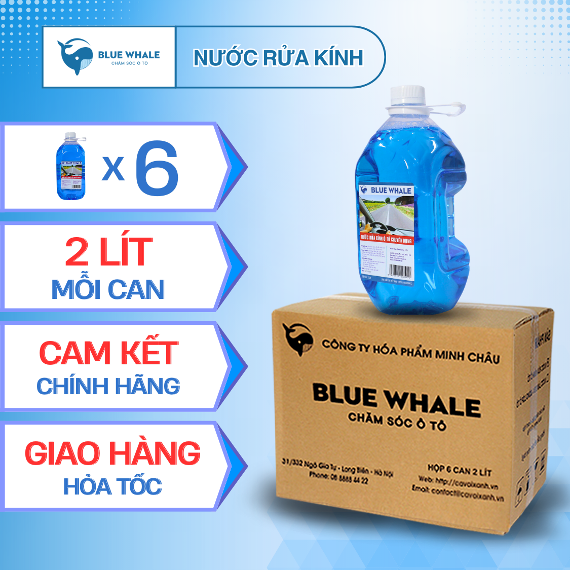 Hộp 6 can 2L nước rửa kính ô tô BlueWhale xóa sạch mọi vết bẩn trên kính lái, rẻ hơn khi mua tại gara