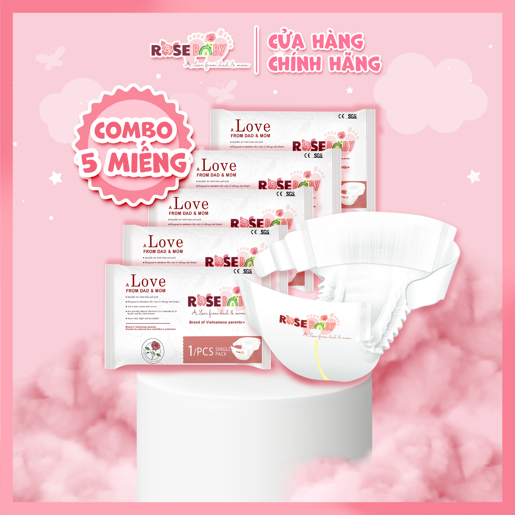 Combo 5 miếng Tã Dán ROSE BABY dùng thử đủ size NB/ S/ M/ L