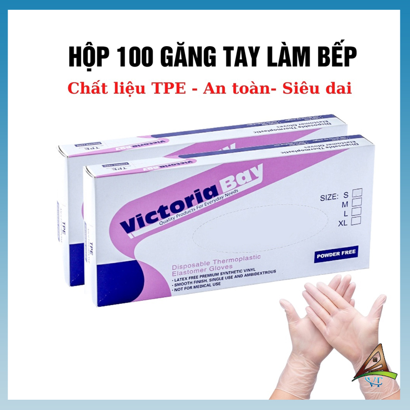 Hộp 100 găng tay Victoria Bay chất liệu TPE, Bao tay cao su rửa bát làm bếp vệ sinh siêu dai không mùi không bột cao cấp Vatiso GT480
