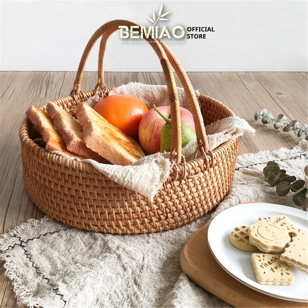 Giỏ mây bầu dục có quai xách Giỏ mây picnic dã ngoại đựng hoa quả, bánh mì Bemiao Shop