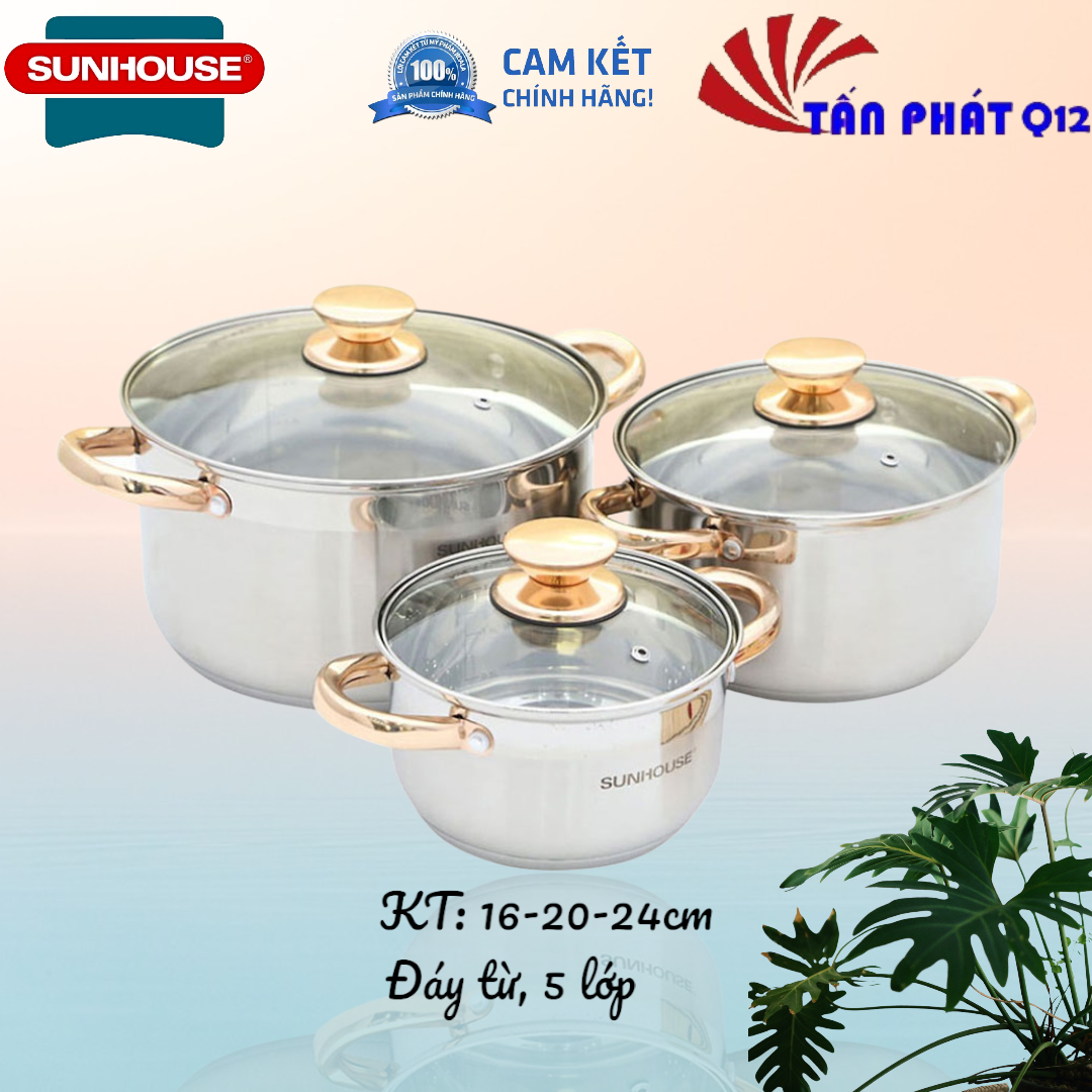 [HCM]BỘ NỒI INOX 5 ĐÁY QUAI VÀNG SUNHOUSE DÙNG ĐƯỢC BẾP TỪ (sh781)
