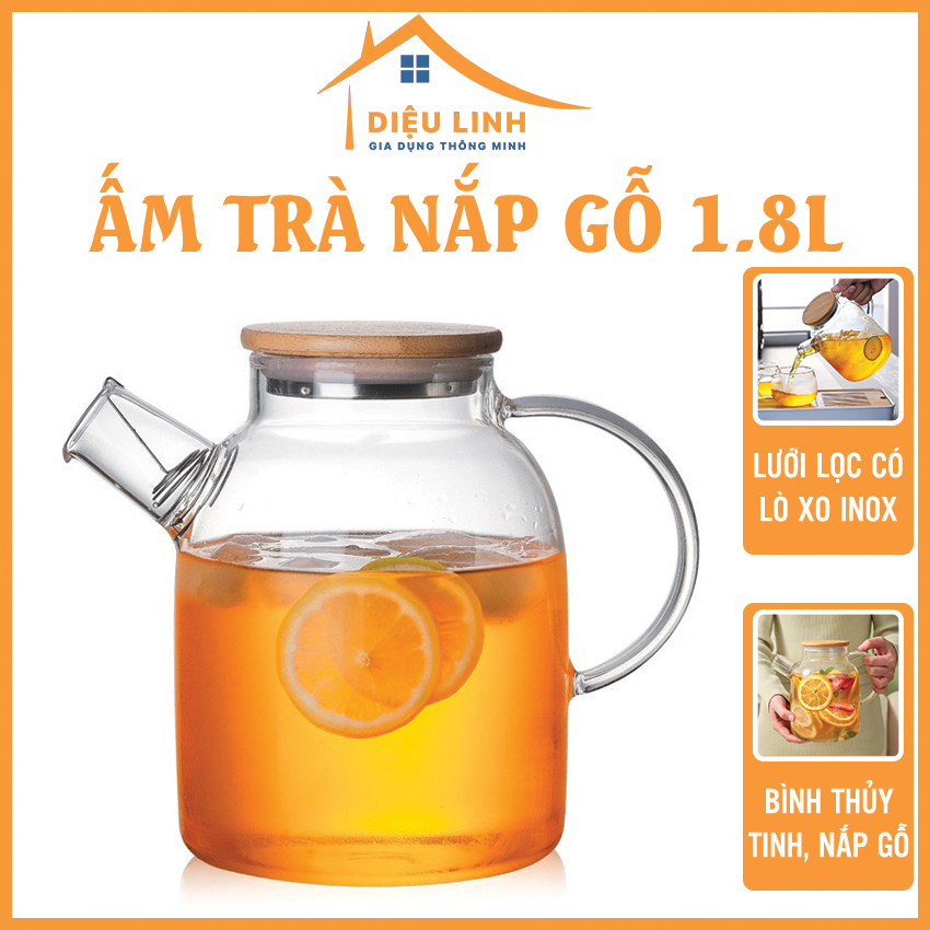 Ấm Trà Trong Nắp Gỗ 1.8L,Bình đựng nước thủy tinh Nắp gỗ, Bình pha trà Thuỷ tinh chịu nhiệt có Lưới lọc lò xo và Nắp gỗ, Ấm trà, Ấm pha trà, Dung tích 1800ml Tramanhshop