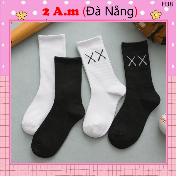 Tất Vớ Trắng Đen Nam Nữ Cổ Cao Trơn và XX Vải Cotton