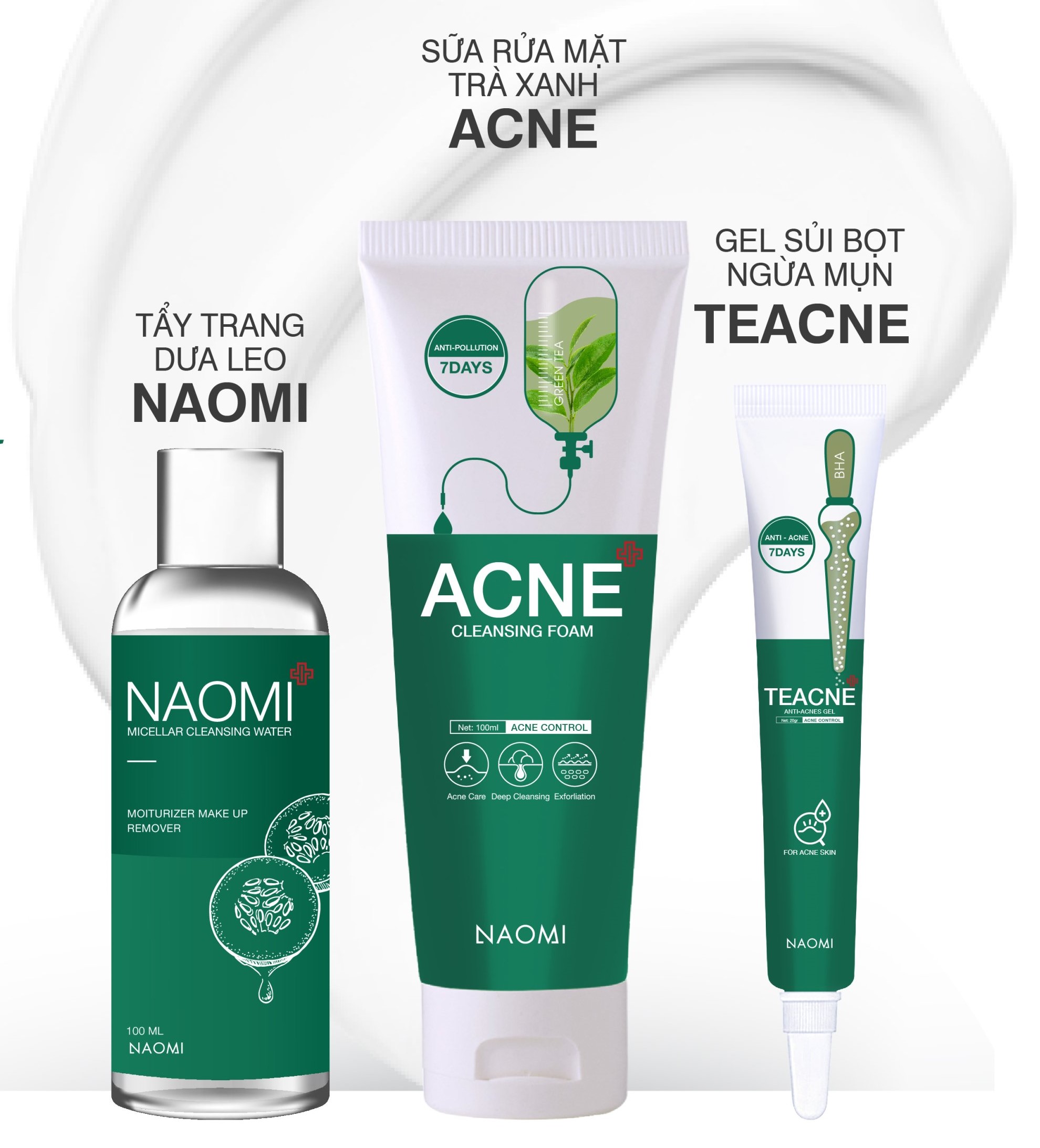Combo giảm mụn naomi chiết xuất trà xanh trầu không, combo gồm sữa rửa mặt naomi + serum naomi, giảm mụn, làm sáng da, giúp da căng mịn trắng sáng, tặng kèm nước tẩy trang dưa leo naomi