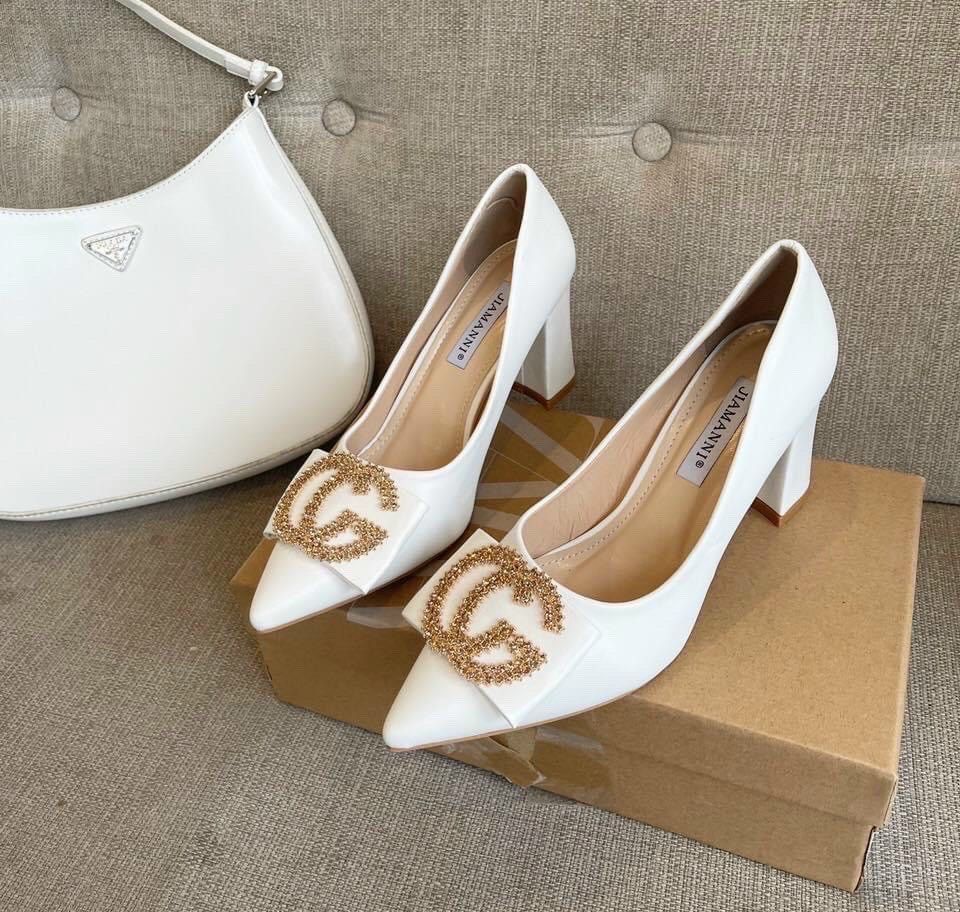 Giày cao gót mũi nhọn nơ GG gót trụ cao - 7P