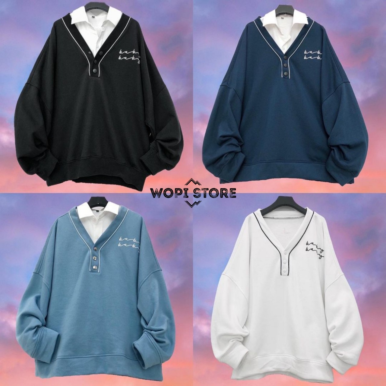 Áo Sweater Nỉ Bông BABY Viền Cổ Phối Nút Form Rộng Ulzzang