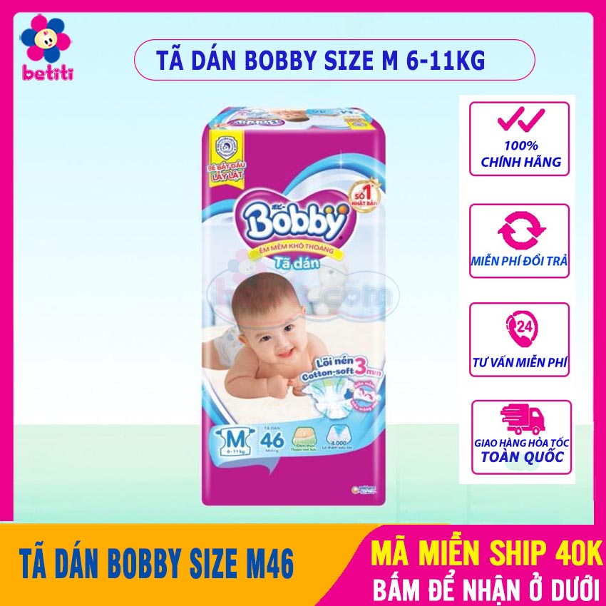 [GIÁ TỐT] Tã Dán BOBBY Size M 46 MIẾNG, Siêu Thấm, Chống Tràn Tốt Cho Cho Bé 6 - 10kg - Tã Dán Cho T