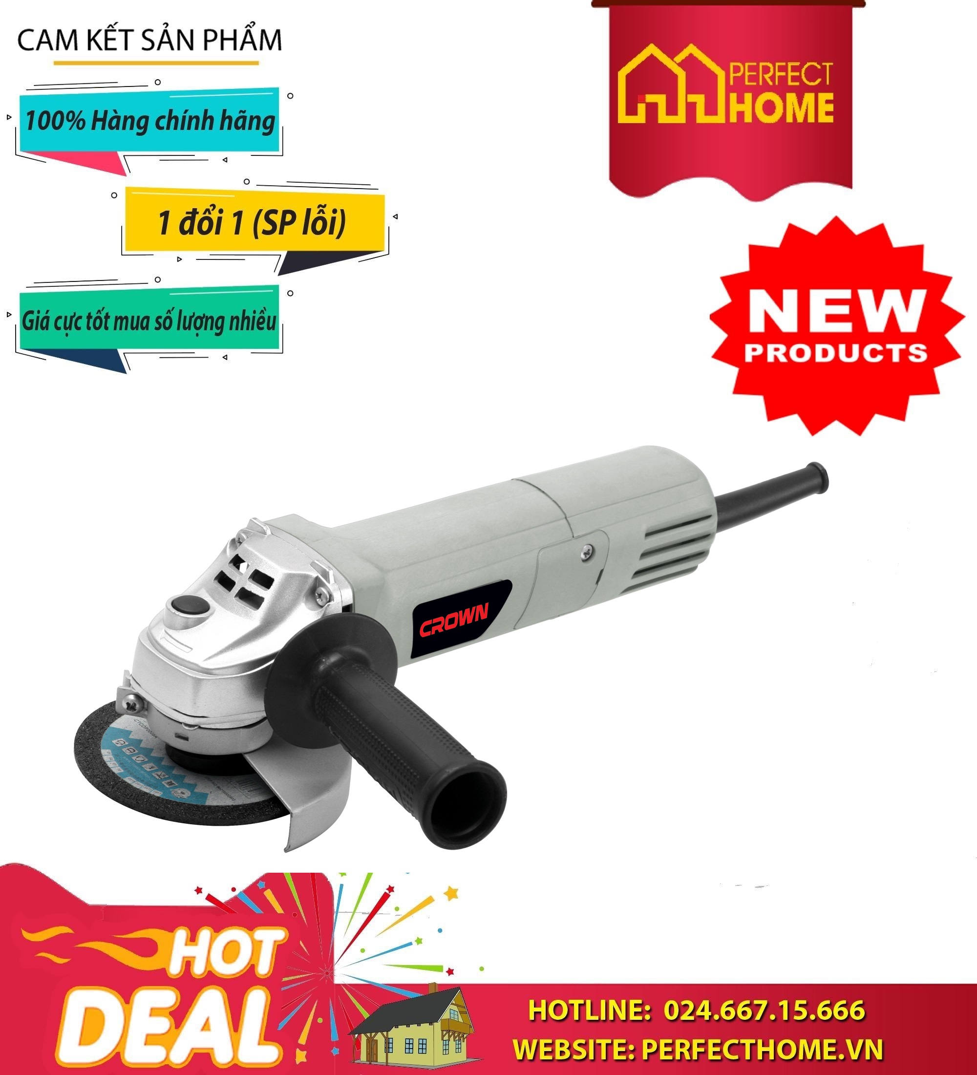 Máy mài góc crown ct13290 cs 860w, thân dài, lỗ 14mm, đá mài: 125mm