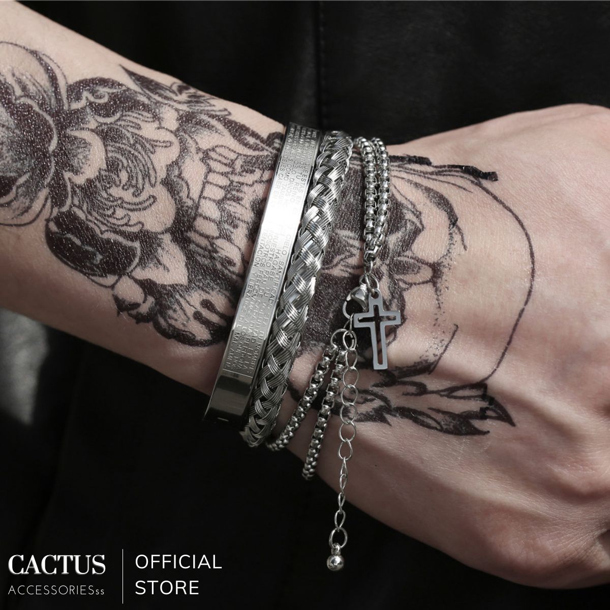 Vòng tay cáp thép titan dạng đinh tán kiểu dáng unisex nam nữ - Cactus Accessoriesss