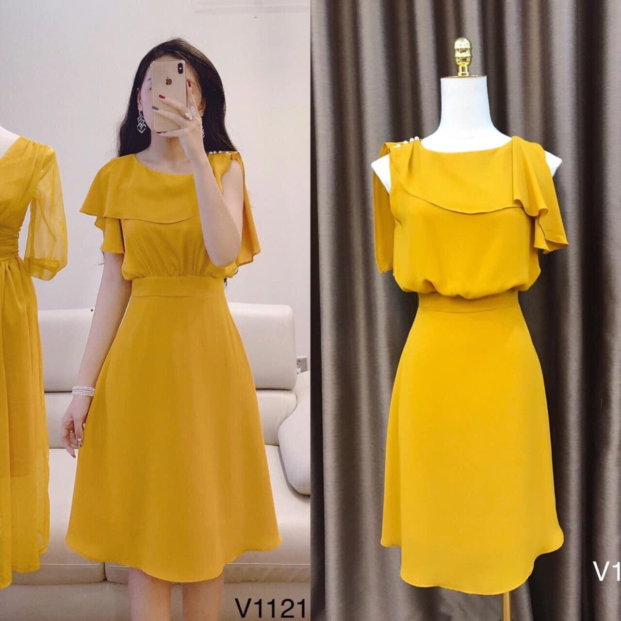Đầm nữ dáng xòe cổ bèo đính ngọc chất kate lụa freesize 2 màu vàng đỏ