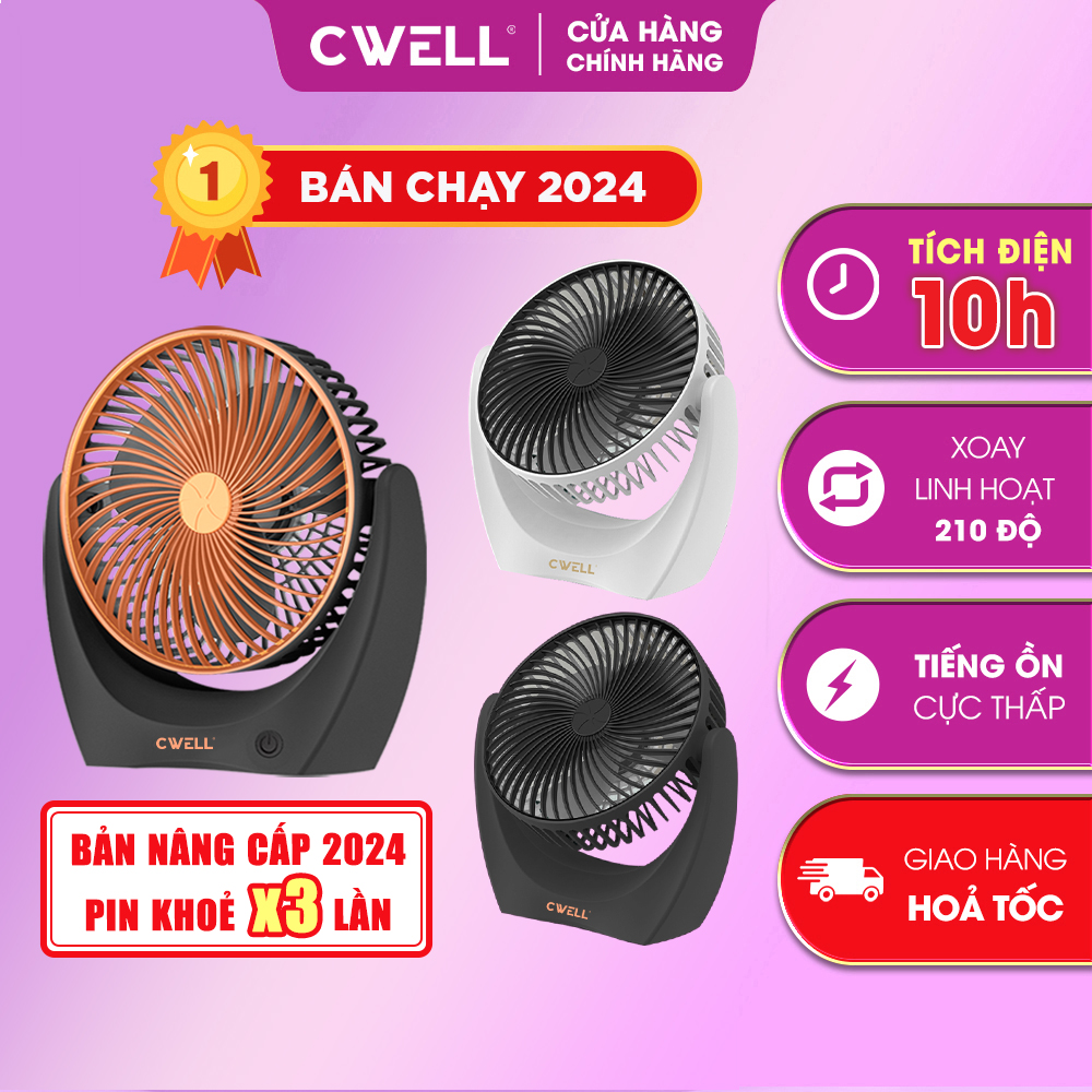 Quạt mini để bàn, quạt tích điện, quạt cầm tay chính hãng CWELL, động cơ không tiếng ồn, Pin khủng, Bán chạy 2024