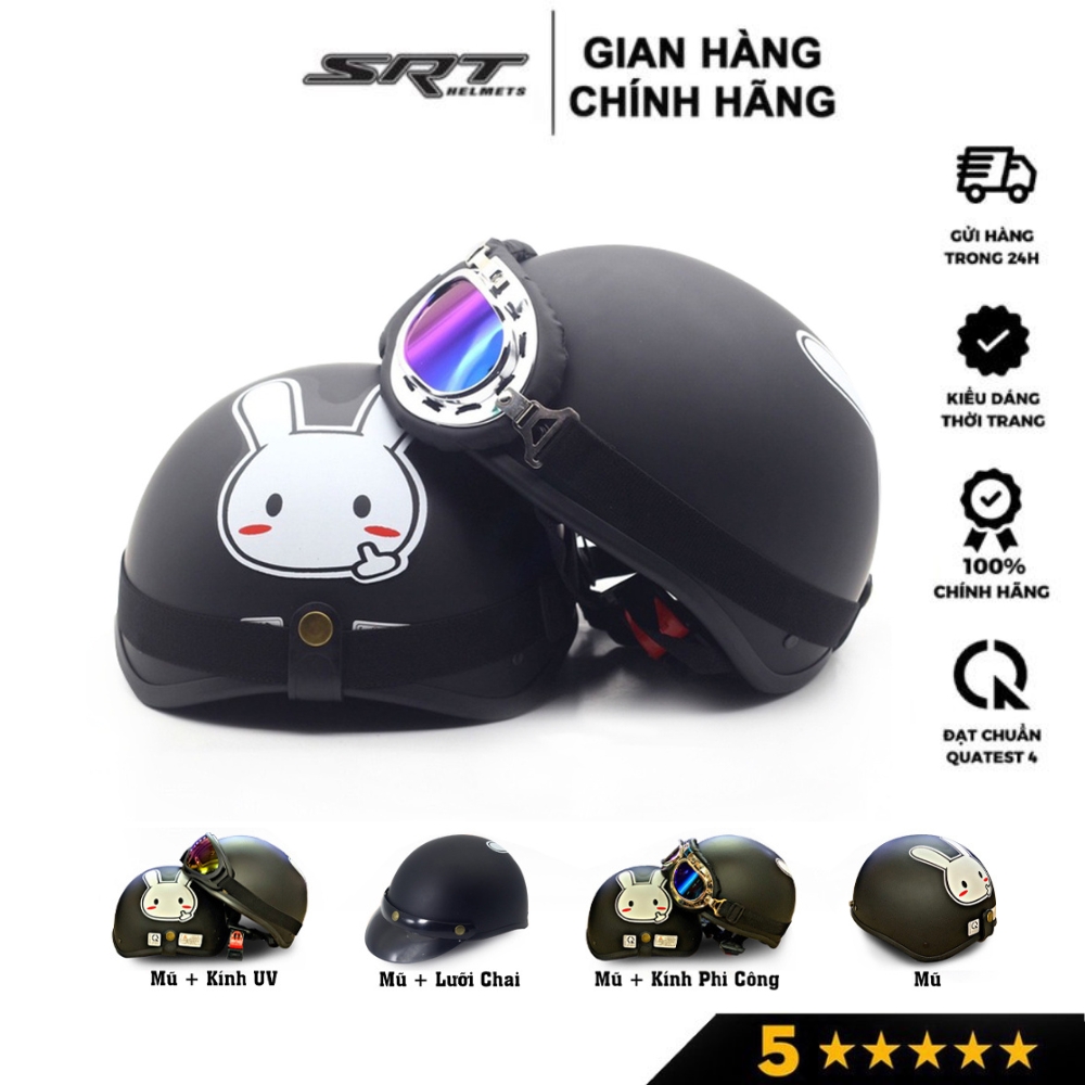 Mũ bảo hiểm nửa đầu thời trang nón SRT HELMETS, họa tiết thỏ trắng đáng yêu, kèm kính UV, phi công, Freesize