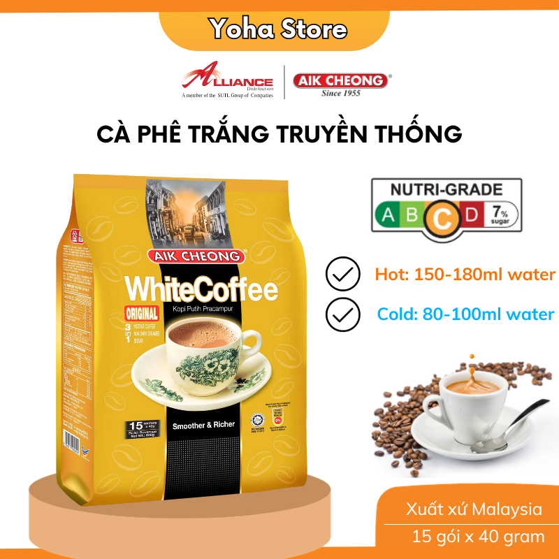 Chính hãng_Cà Phê Trắng Truyền Thống 3 Trong 1 Aik Cheong (15 Gói x 40g) - nhập khẩu từ Malaysia
