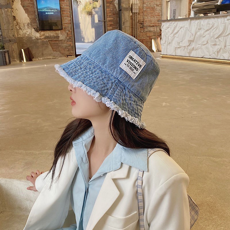 Mộc®Mũ bucket denim tua rua tag vuông thời trang phong cách Hàn Quốc ulzzang đường phố