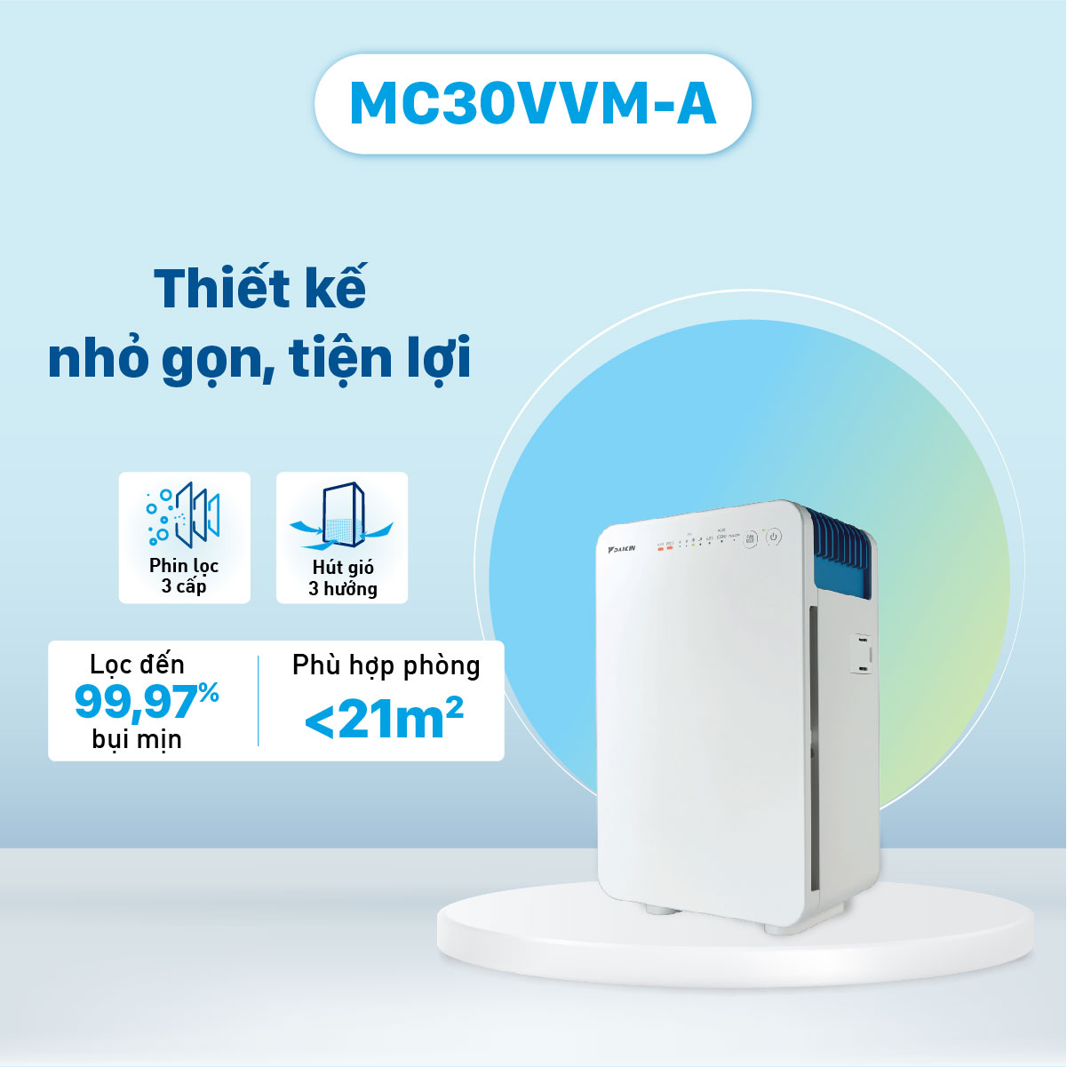 Máy lọc không khí Daikin MC30VVM-A, 25m2, hệ thống phin lọc 3 cấp, hiển thị chất lượng không khí - Bảo hành 12 tháng - Hàng Chính Hãng Safety Mart Official