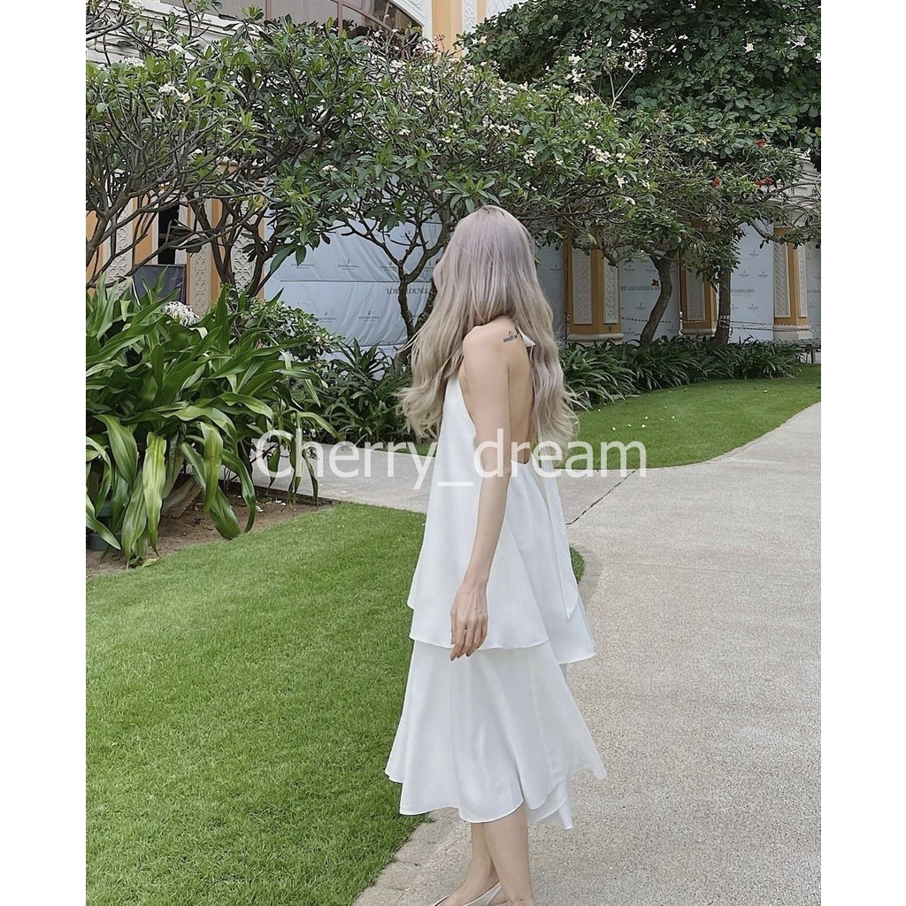 (lRVáy cổ yếm buộc dây dáng xoè, Đầm yếm trắng dự tiệc, đi biển