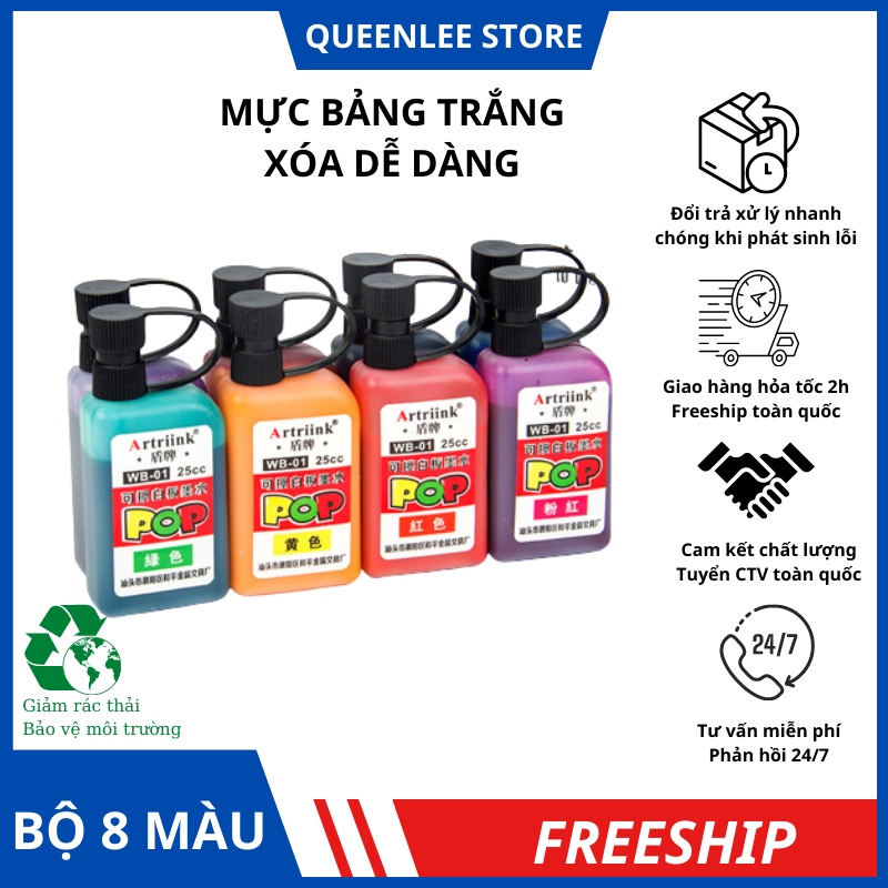 Bộ 12 mực đổ bút viết bảng trắng 25ml xoá được dễ dàng, dùng cho bút lông, bút dạ viết bảng vẽ màu