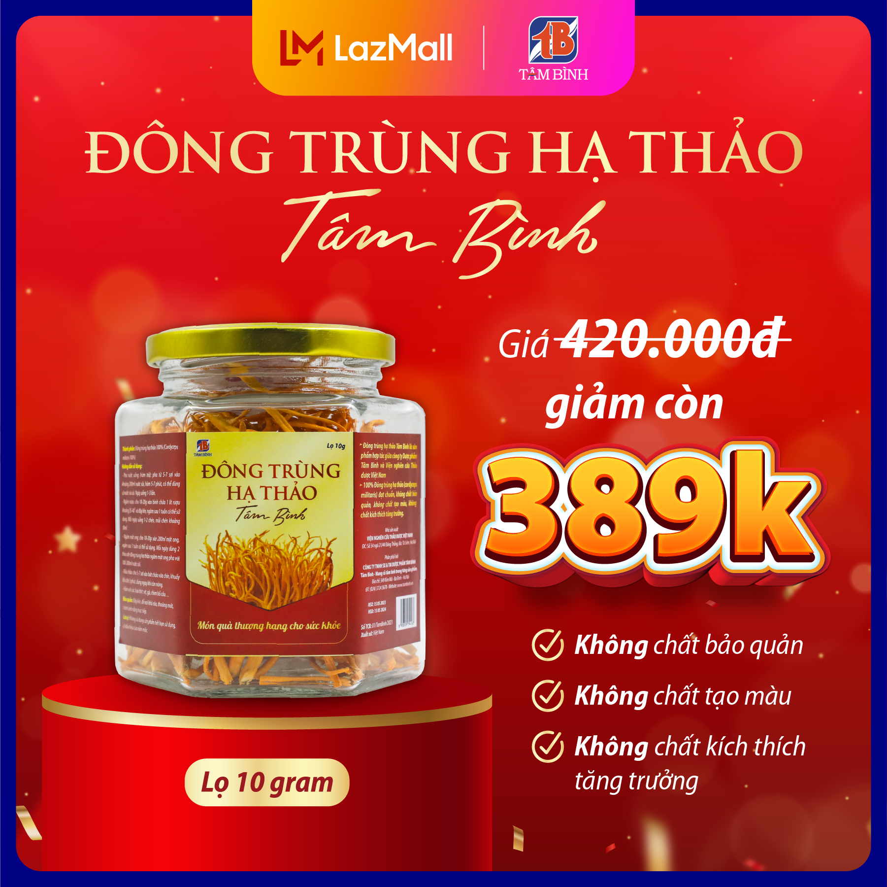 Đông Trùng Hạ Thảo Tâm Bình, Món Quà Thượng Hạng Cho Sức Khỏe, Công Nghệ Sấy Thăng Hoa Đạt Chuẩn, Hộp 10g