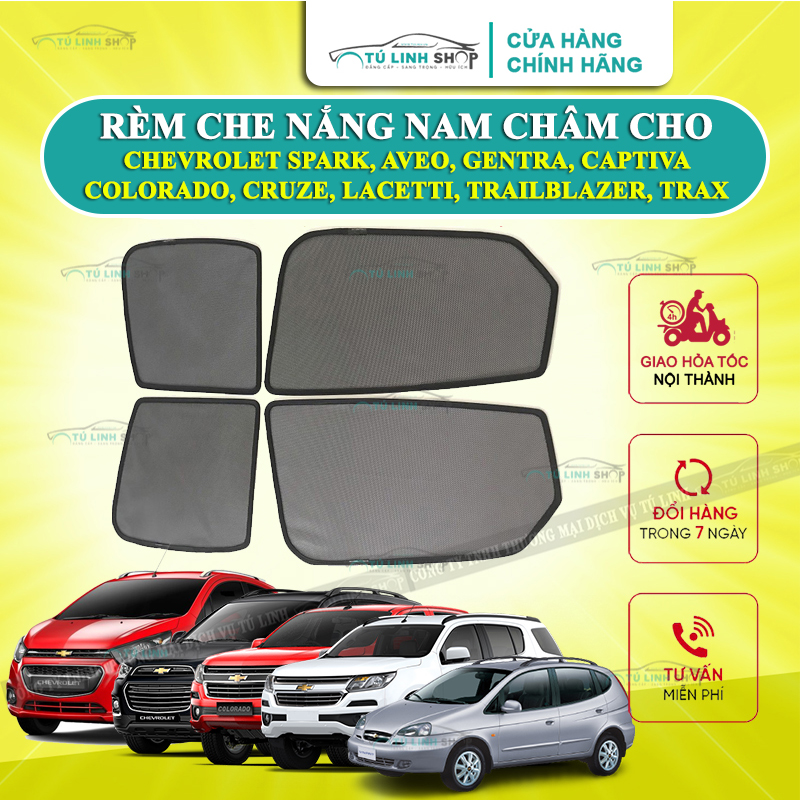 Rèm che nắng nam châm cho xe Chevrolet Spark, Aveo, Gentra, Captiva, Colorado, Cruze, Lacetti, Trailblazer, Trax, bộ 4 tấm cho 4 cửa, hàng loại 1 cao cấp, vừa khít kính