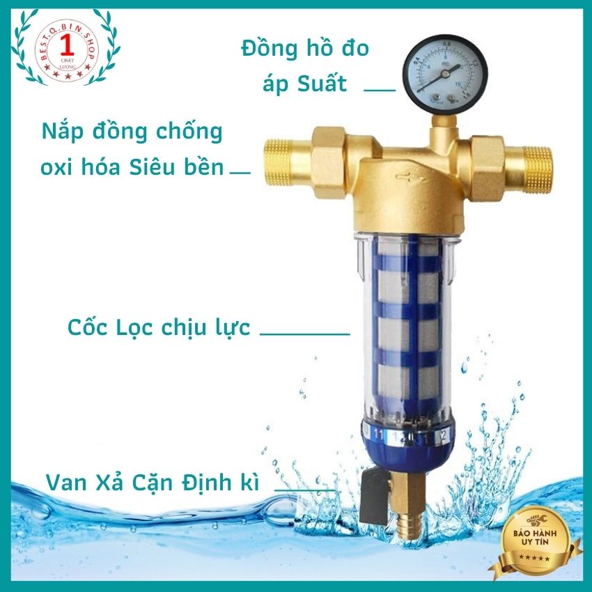 Lọc nước thô đầu nguồn lọc nước nước sinh hoạt xử lý cặn bẩn Lõi Lọc Thép 316 chống ăn mòn có đồng hồ đo áp suất nước , bộ loc xả can không thay loi , Maitoshi BYQ