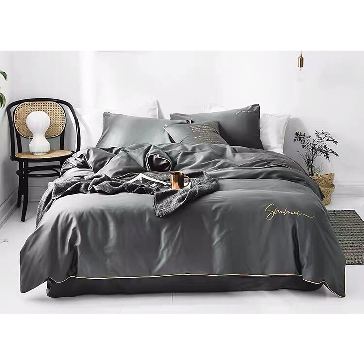 Bộ chăn ga gối tencel lụa cao cấp - ghi - 1,6 x 2m