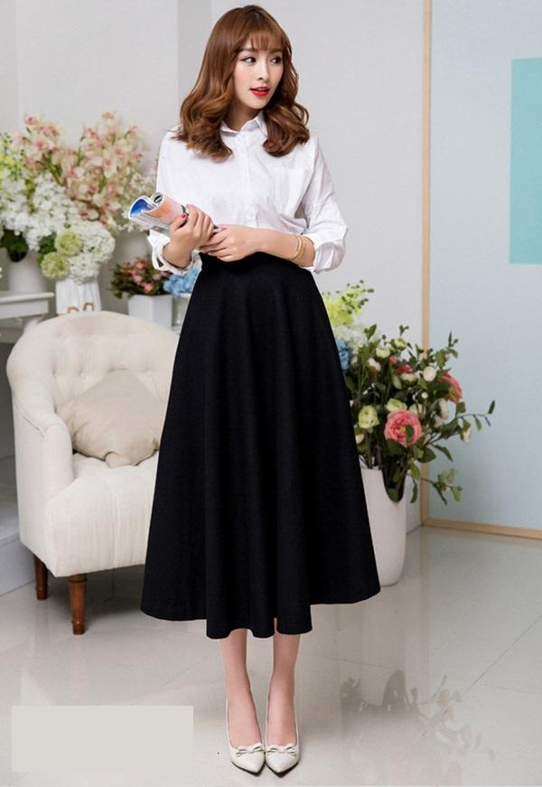 Chân váy xòe dài vintage (Đen)