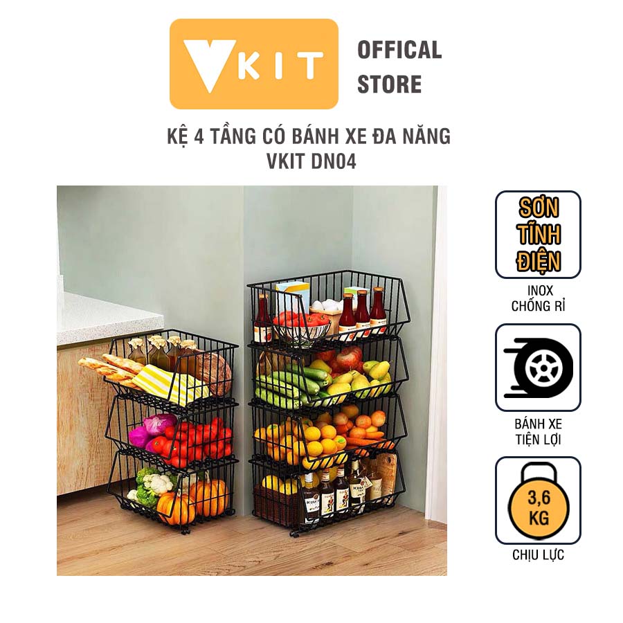 Kệ 4 tầng có bánh xe- kệ đa năng đựng rau củ quả có thể tháo rời vkit dn04