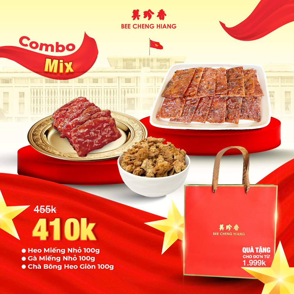 [COMBO MIX] Bee Cheng Hiang [Gà Miếng Nhỏ 100g + Heo Miếng Nhỏ 100g + Chà Bông Heo Giòn 100G] - Bakkwa Singapore