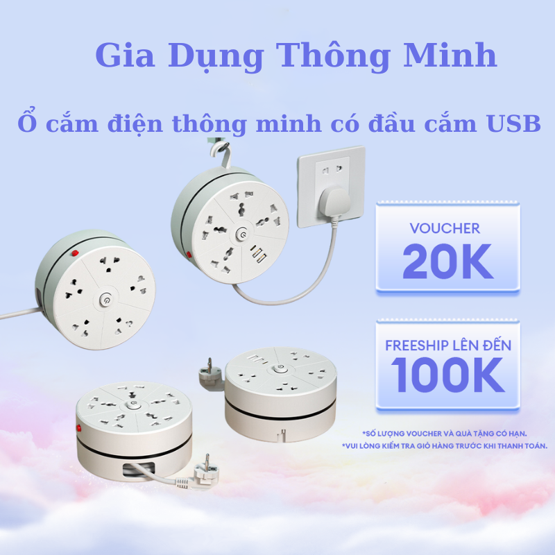 Ổ Cắm Điện Đa Năng Thiết Kế Xoay Tròn Tiết Kiệm Diện Tích Có Công Tắc An Toàn Kiêm Đèn Ngủ Ổ Điện Thông Minh 4 Ổ 3 Chấu 2 Cổng USB 1 Cổng Type C Có Móc Treo Tường Tiện Lợi Dây Dài 2m Chịu Tải 2500W Chống Cháy An Toàn