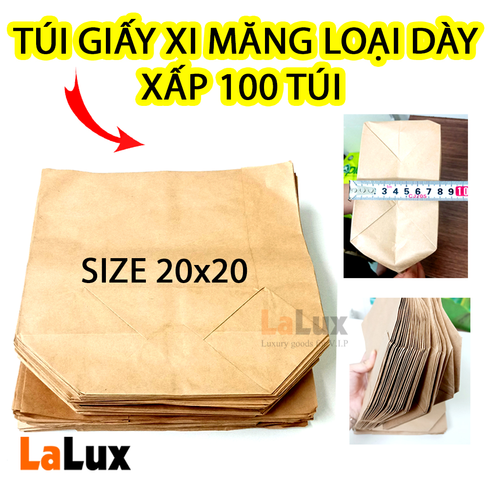 100 Túi giấy Kraft LOẠI TỐT 20X20 Đựng Quà, Đựng Hàng, Đựng Thực Phẩm, Bánh Bao Bánh Mỳ, Đồ Chiên, Bánh Tráng - Túi Giấy Xi măng Gói Hàng Cao Cấp Không Quai - Túi Gói Hàng LALUX