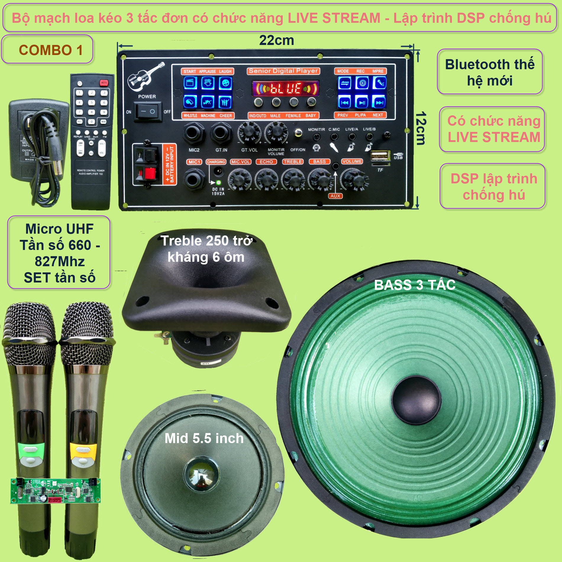 Mạch loa kéo 3 tấc đơn 3 đường tiếng LIVESTREAM DSP lập trình chống hú IC MD9840 công suất 130W -  kèm Bass 3 tấc + Treble 250 + Mid 5.5 inch - kèm Micro