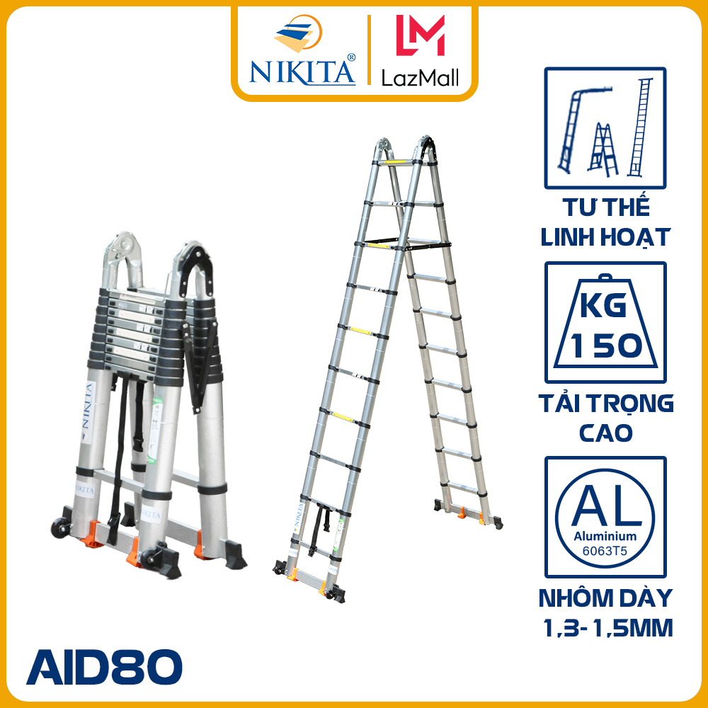 [Trả góp 0%] Thang Nhôm Rút Đa Năng Có Bánh Xe 8m NIKITA NKT-AID80 - Hàng Chính Hãng