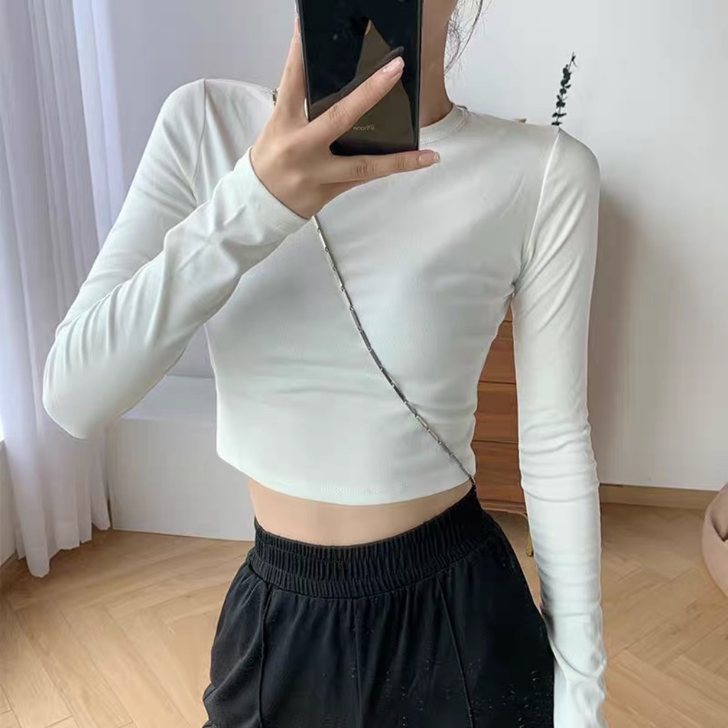 Áo croptop cổ tròn dài tay chất thun co giãn