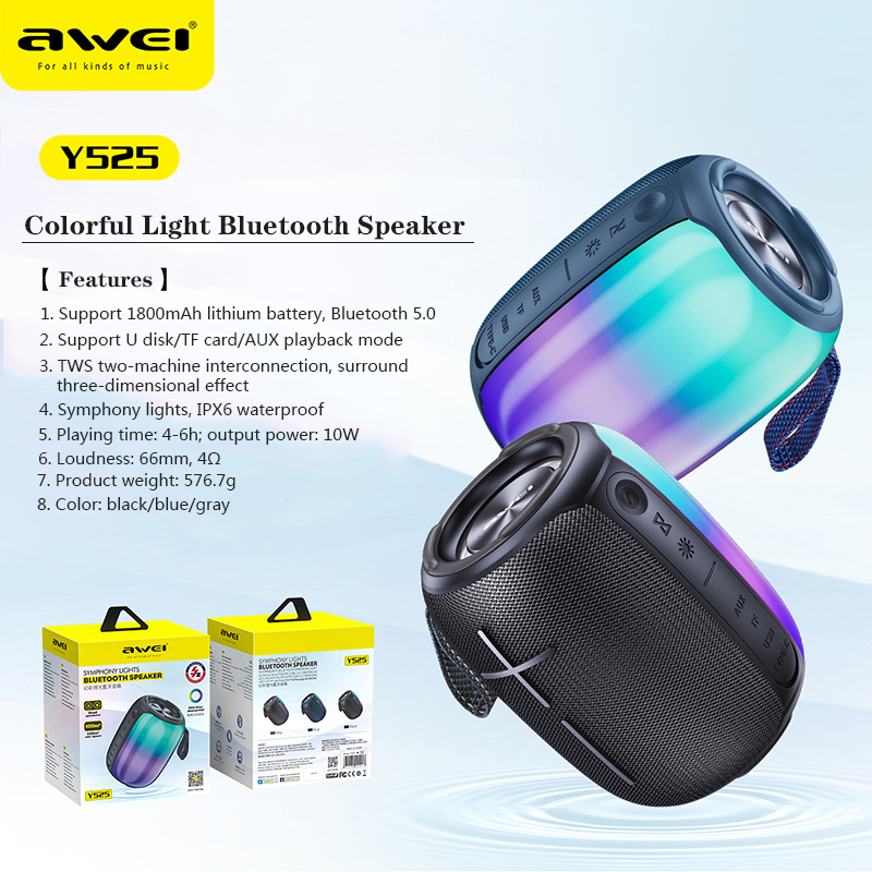 Awei y525 rgb bluetooth 5.3 loa xách tay tws hifi loa không dây usb ngoài trời mini loa nhạc ánh sáng phát lại