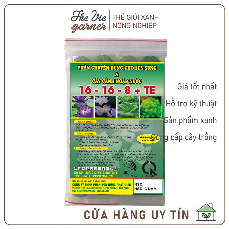 Phân bón hữu cơ NPK 16-16-8+TE chuyên cho sen súng, cây ngập nước - 24 viên