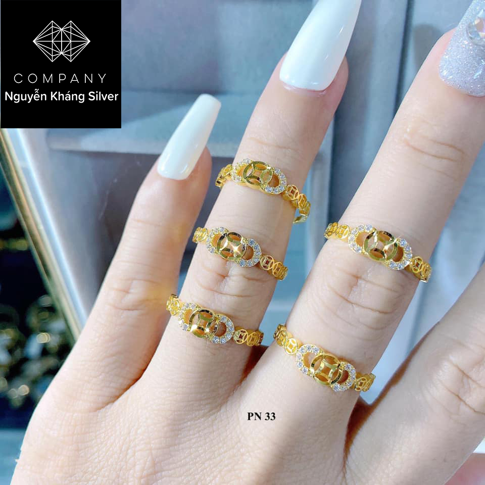 Nhẫn kim tiền vàng tây 10kara, gắn đá trắng, vàng nguyễn kháng