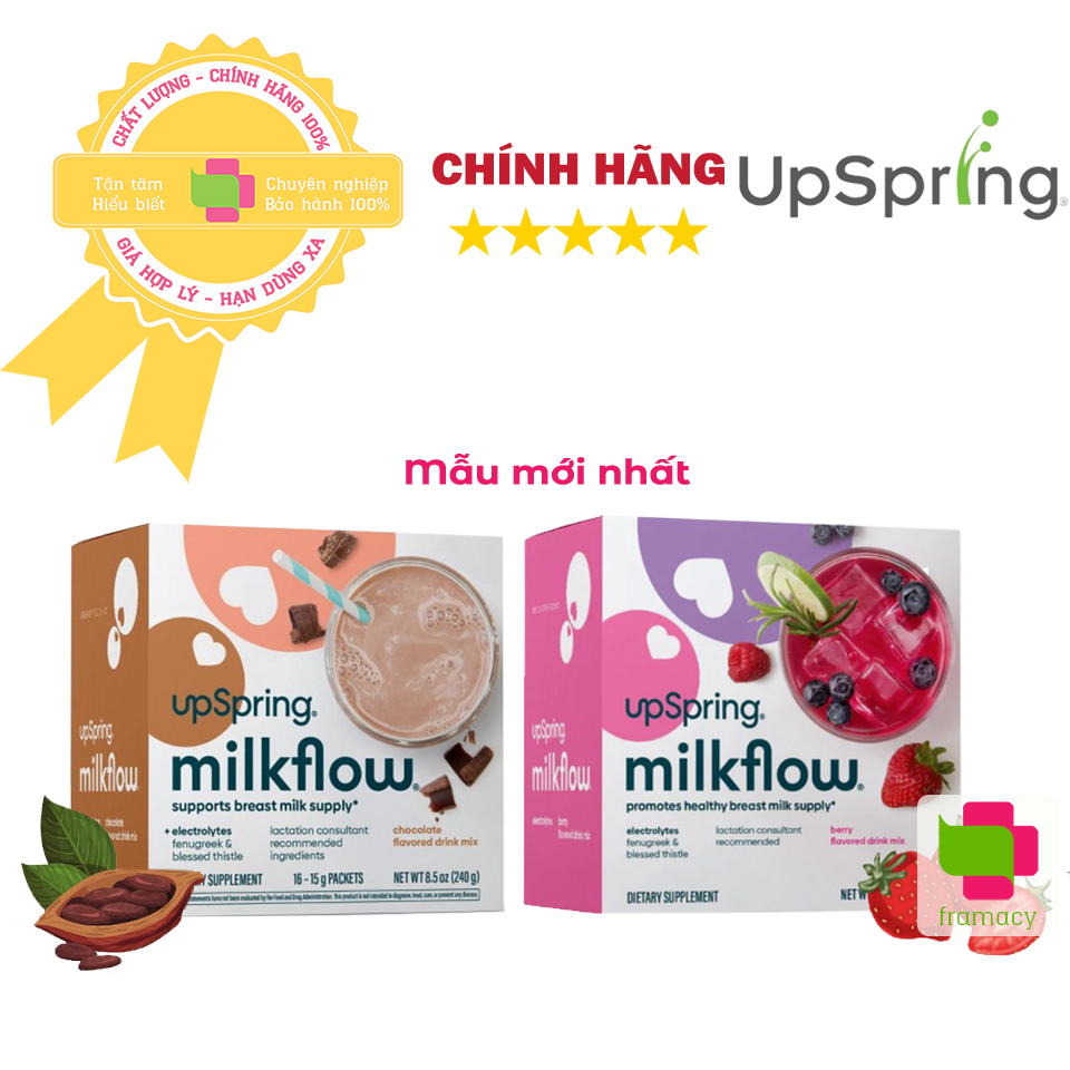 Ngũ cốc lợi sữa Upspring Milkflow, Mỹ (16 gói) Fenugreek, Blessed Thistle dâu/socola có điện giải Electrolytes cho mẹ bú - Vị chocolate