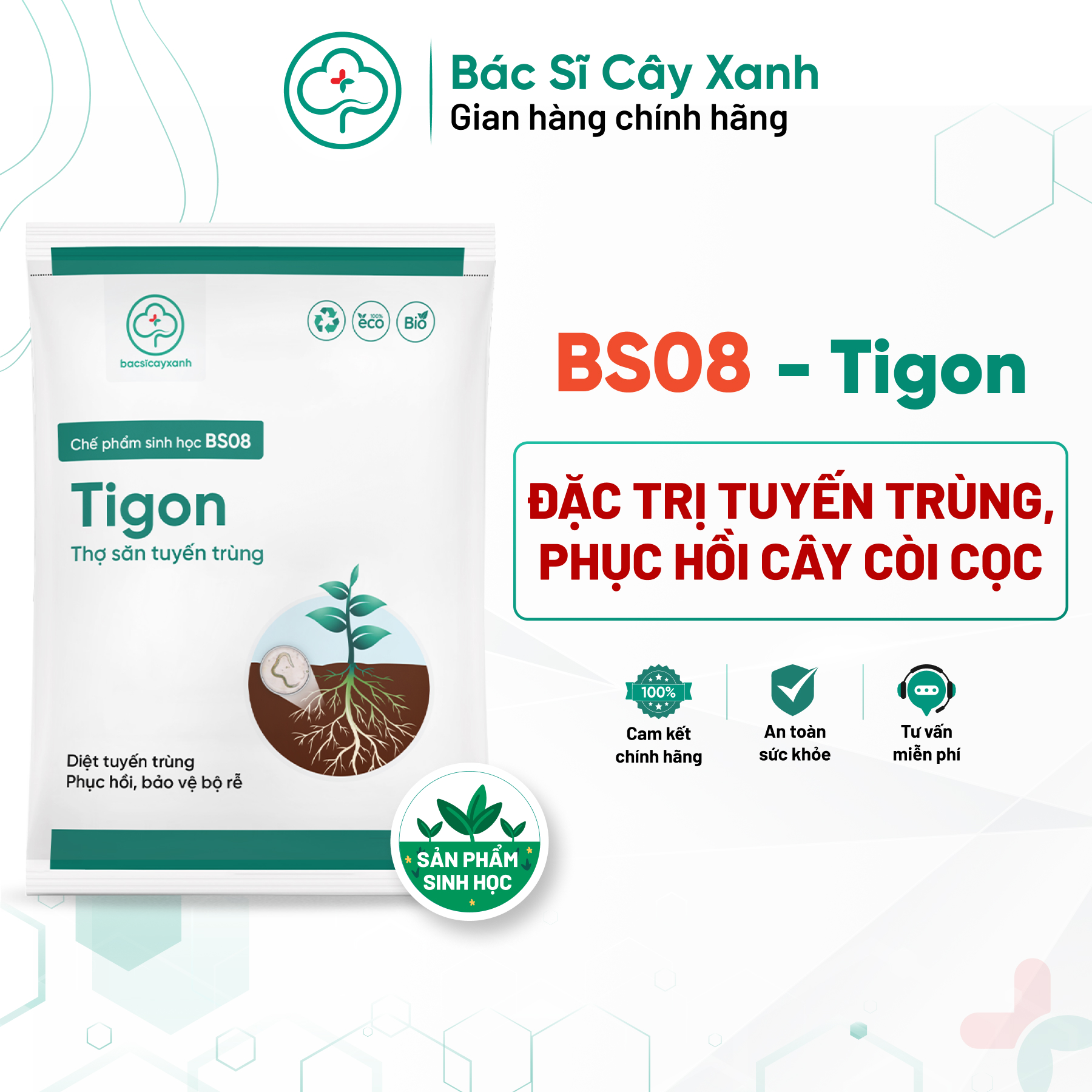 Chế phẩm ngừa tuyến trùng rễ, phục hồi cây vàng lá, còi cọc, kém phát triển BS08 Tigon 500g NSX Bacsicayxanh