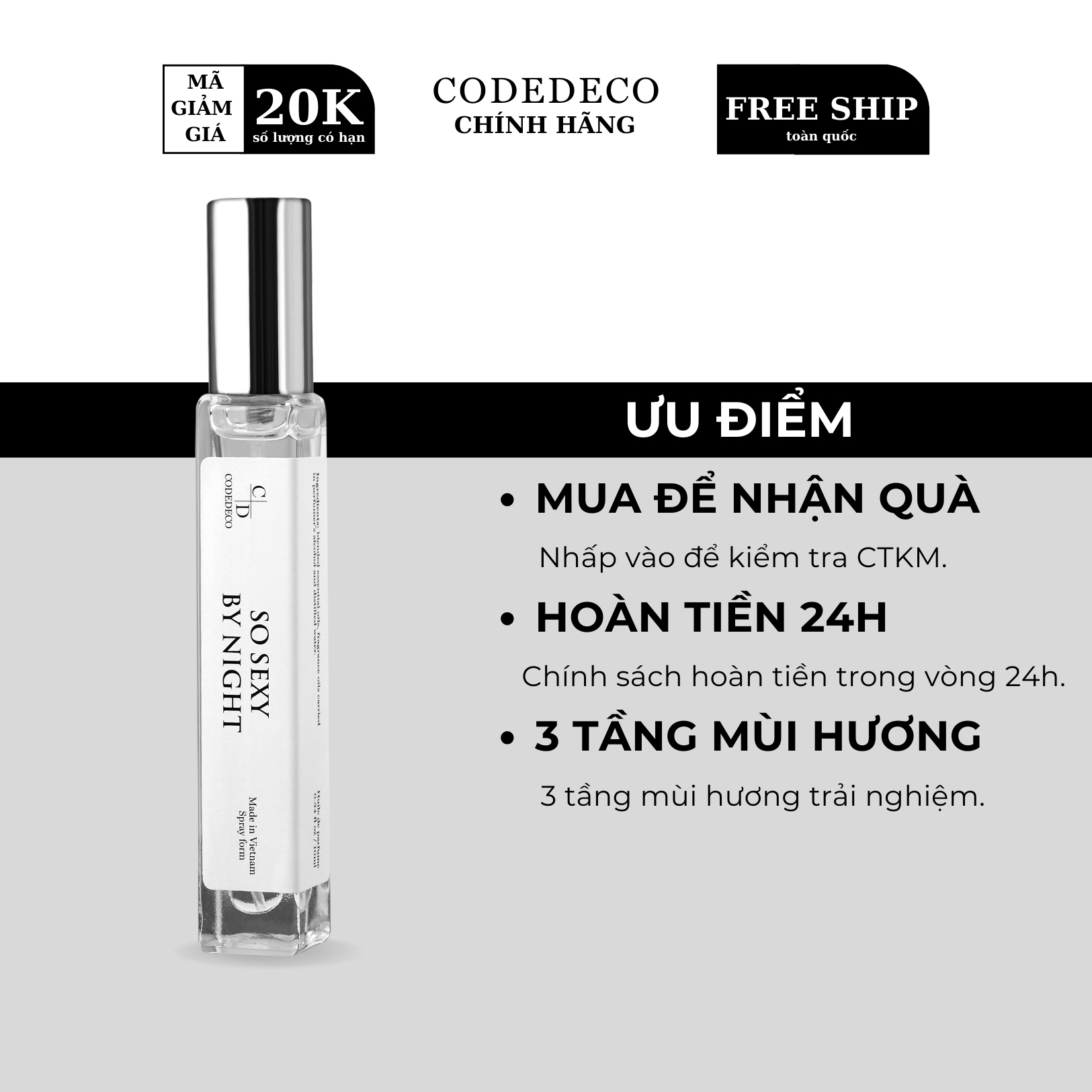 Tinh dầu nước hoa codedeco so sexy by night -10ml, gợi cảm, ngọt ngào