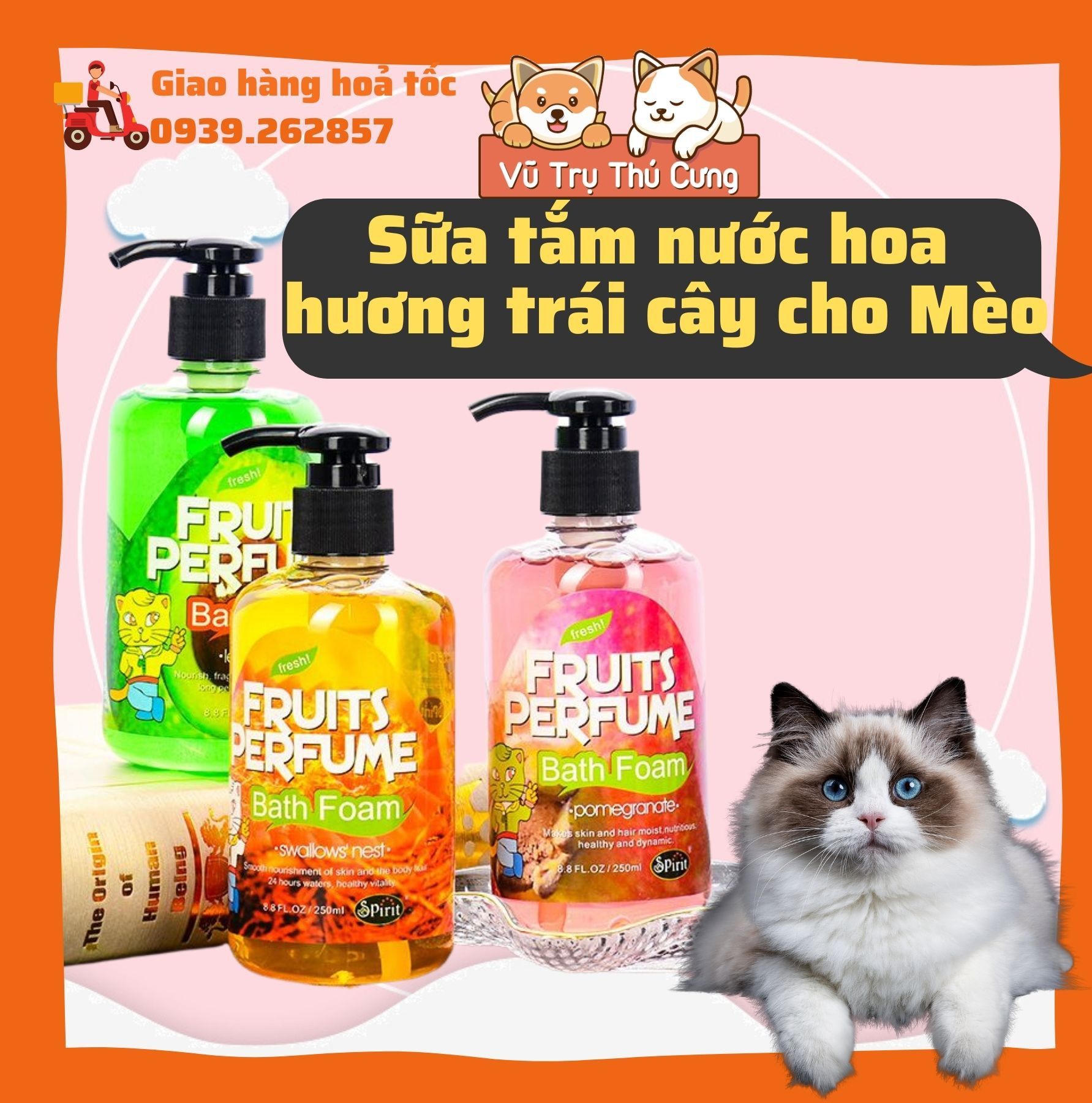 Sữa tắm nước hoa hương trái cây dành riêng cho mèo, Sữa tắm mèo 250ml