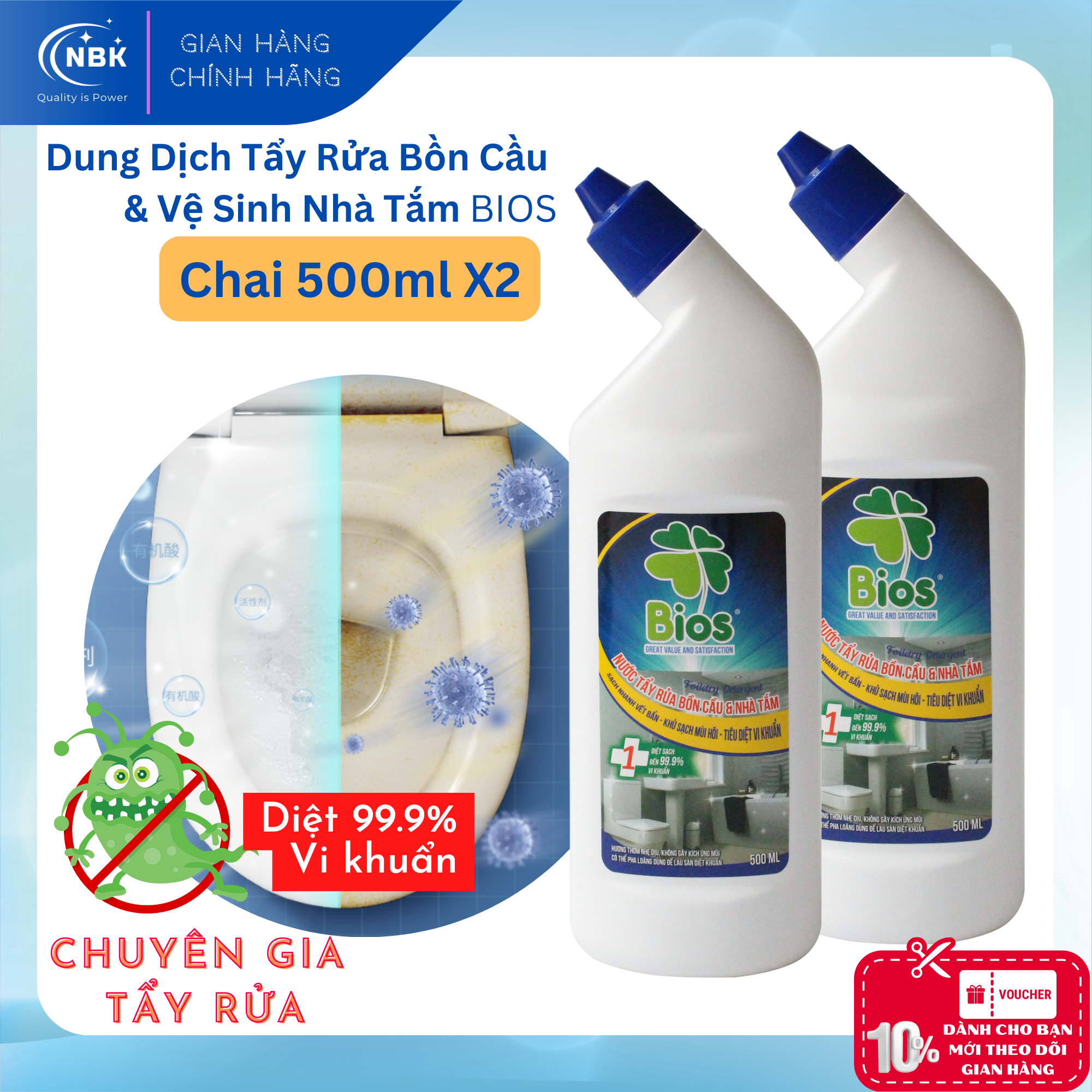 Bộ 02 chai Nước Tẩy Rửa Bồn Cầu Nhà Vệ Sinh BIOS (02 Chai x 500ml) - Dung Dịch Vệ Sinh Toilet Nhà Tắm - Tẩy Rửa Bồn Cầu Nhà Tắm Siêu Sạch, Vệ Sinh Toilet, Nhà Tắm, Bồn Cầu Kháng Khuẩn Và Khử Mùi Bồn Cầu