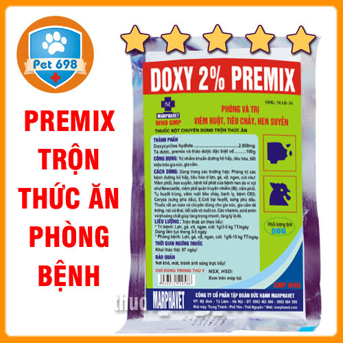 DOXY 2% PREMIX 50g chuyên dùng cho gia cầm, phòng bệnh đường tiêu hóa trên gia súc, gia cầm, thủy cầm, vật nuôi khác