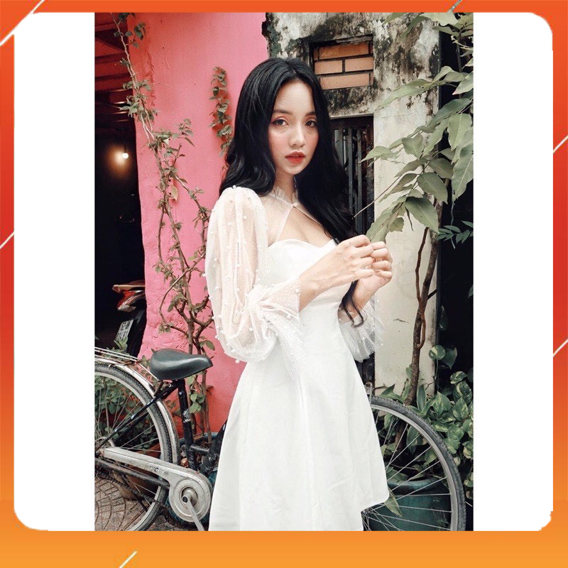 Đầm trắng nữ dự tiệc sang trọng quý phái, Đầm công chúa phối tay lưới siêu xinh - enfarme shop - LAGA DRESS